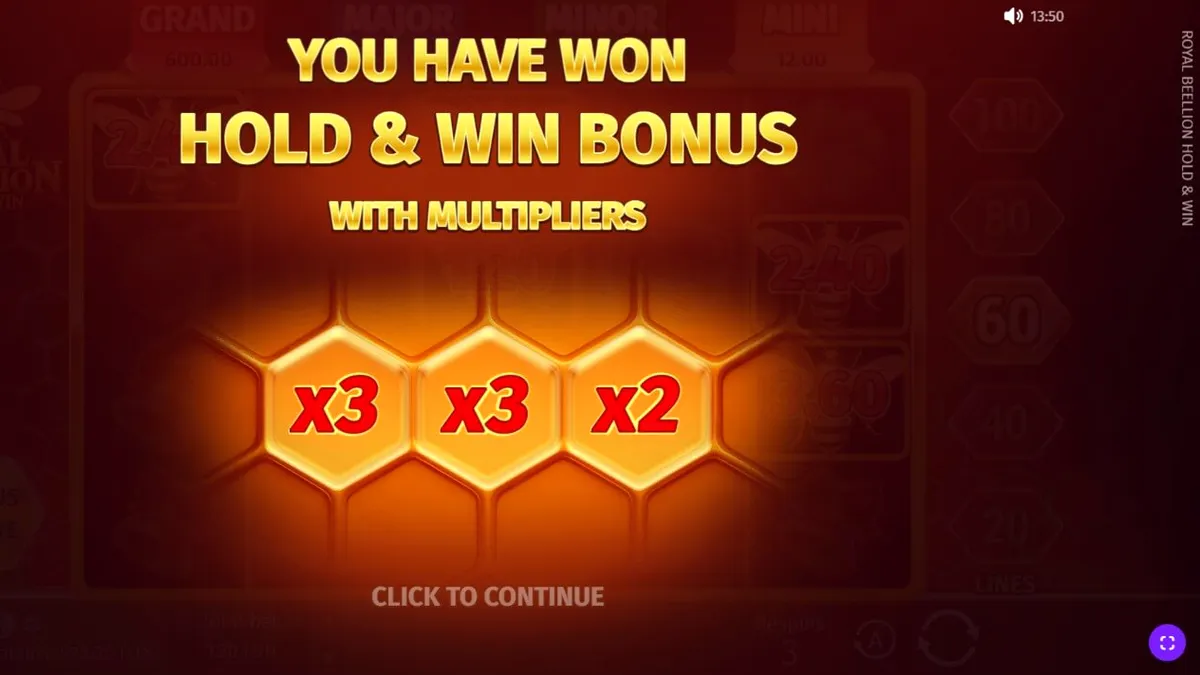 Royal Beellion Hold & Win slot com tema de colmeia e símbolos dourados