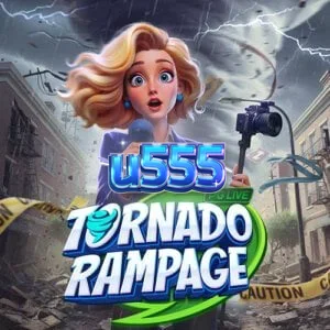Captura de tela do jogo de slot Tornado Rampage, mostrando a grade em forma de funil e símbolos temáticos de tempestade.